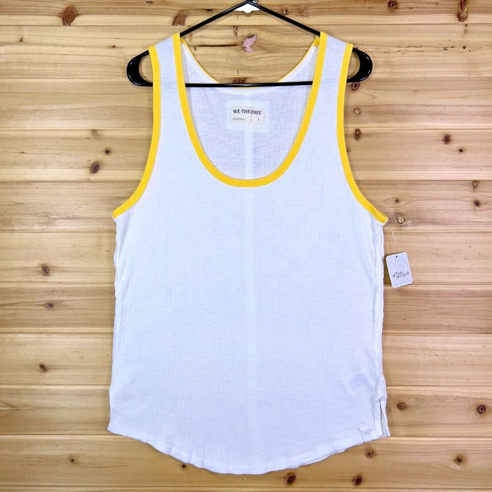 We The Free White Tank Top with Yellow Trim